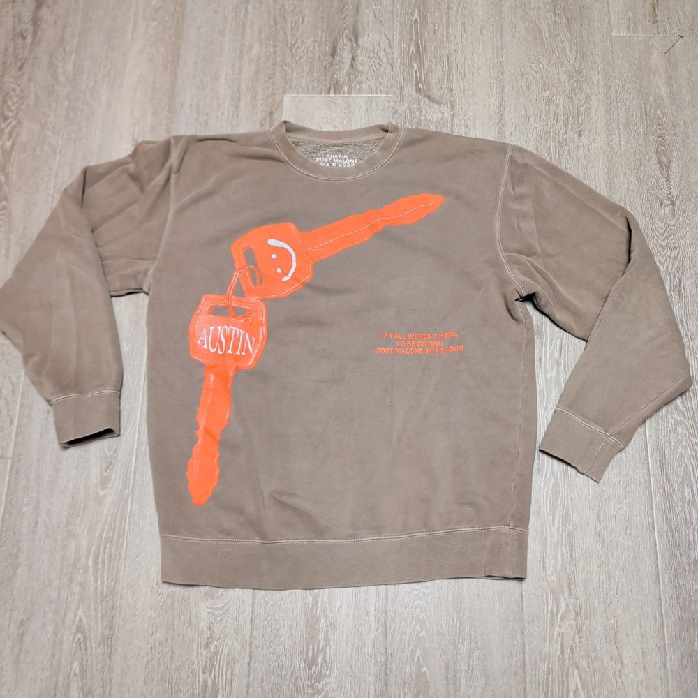 Post Malone 2023 Austin Tour Sweatshirt Mens L‎ Tan Orange Keys Concert Merch